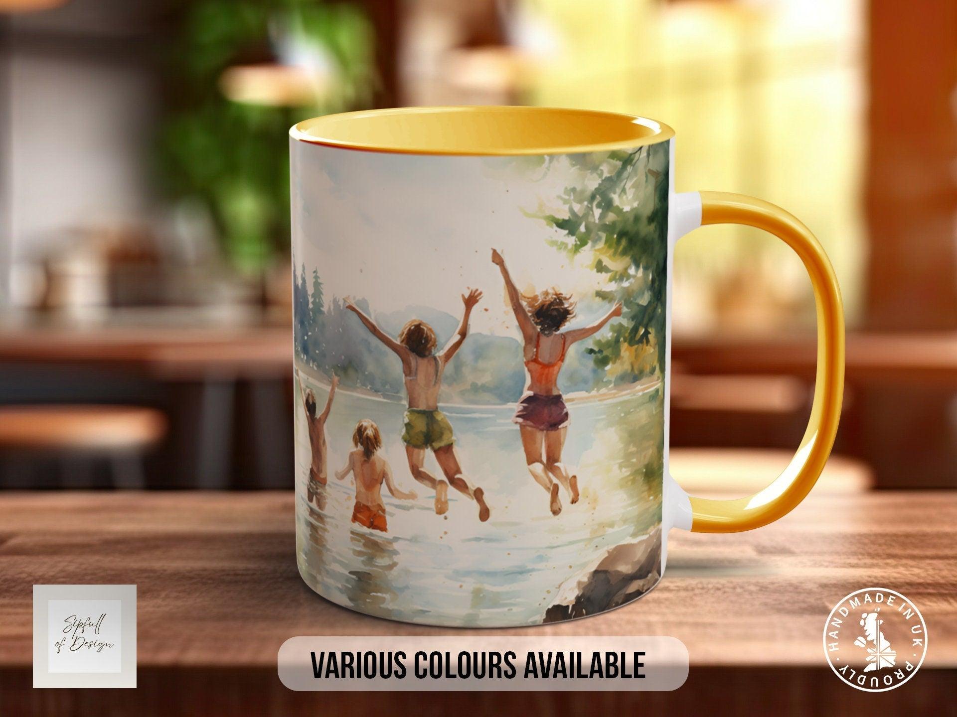 Camping Friends Jumping in Lake Mug - Coloured 11oz, Bone China 10oz and 15oz and Latte 12oz options. - Sipfull of Design