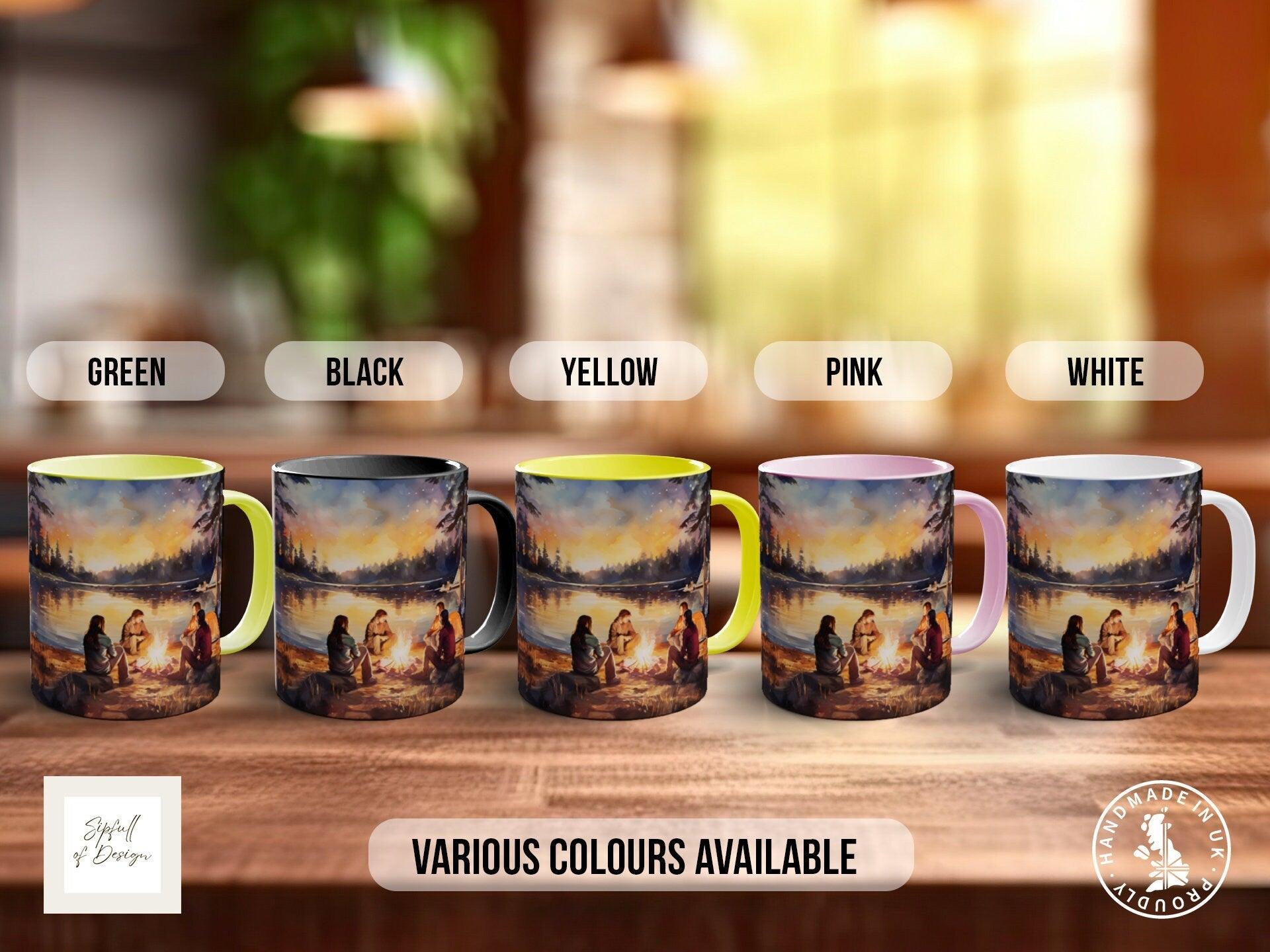 Camping Friends Around the Campfire - Coloured 11oz, Bone China 10oz and 15oz and Latte 12oz options. - Sipfull of Design