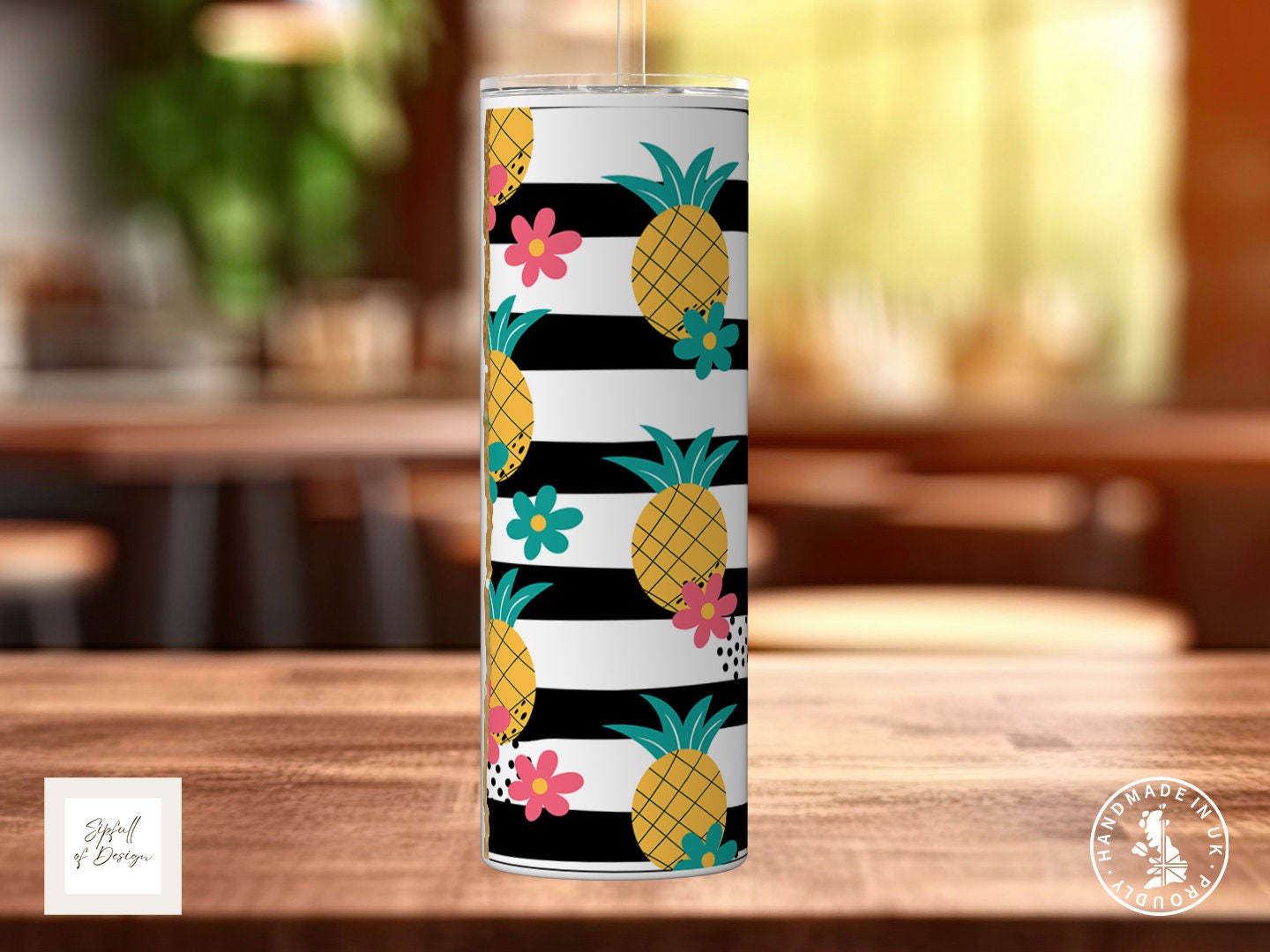 Black and white Pineapples Personalised Name 20oz Insulated Tumbler With lid and straw!