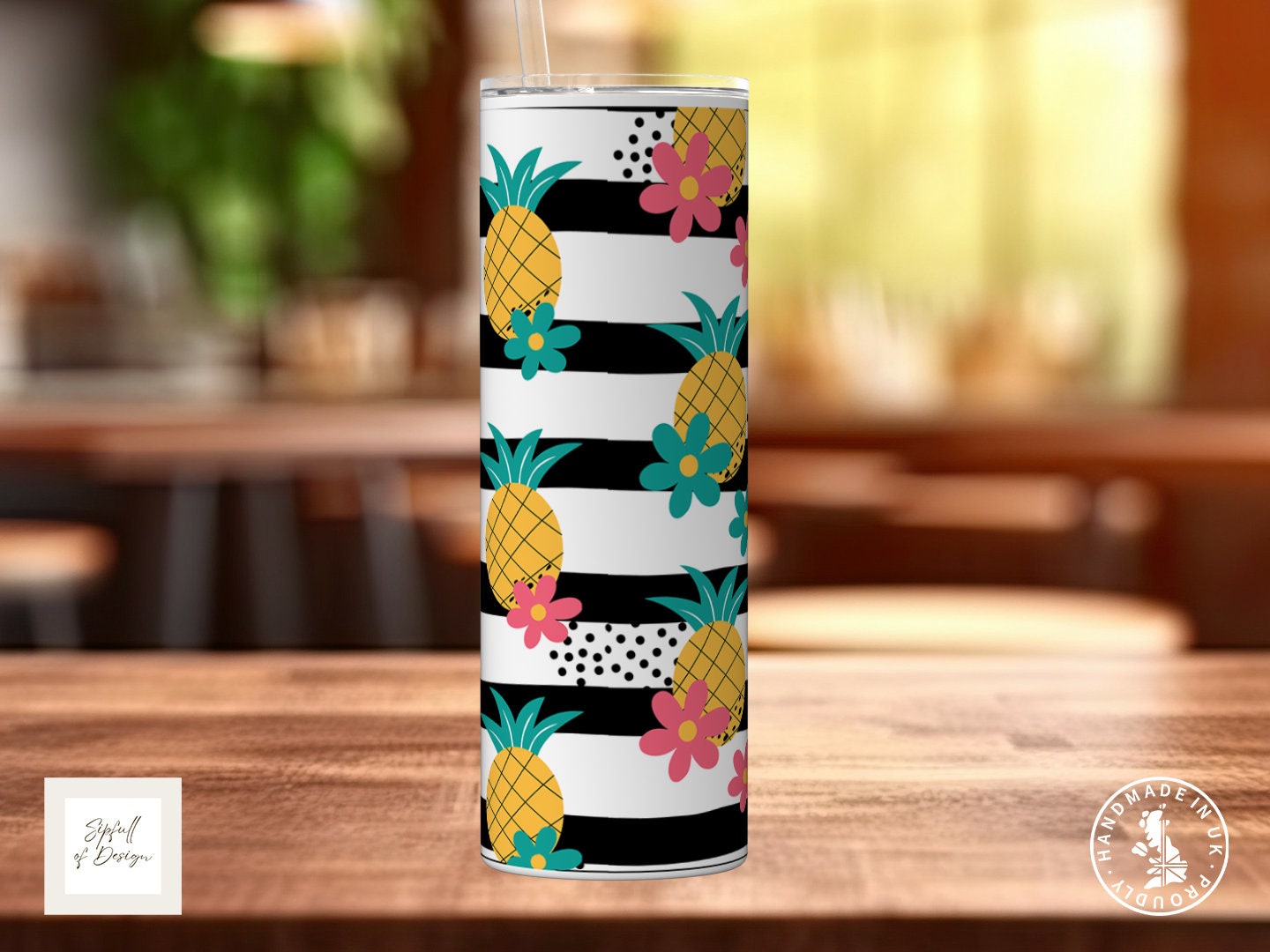 Black and white Pineapples Personalised Name 20oz Insulated Tumbler With lid and straw!