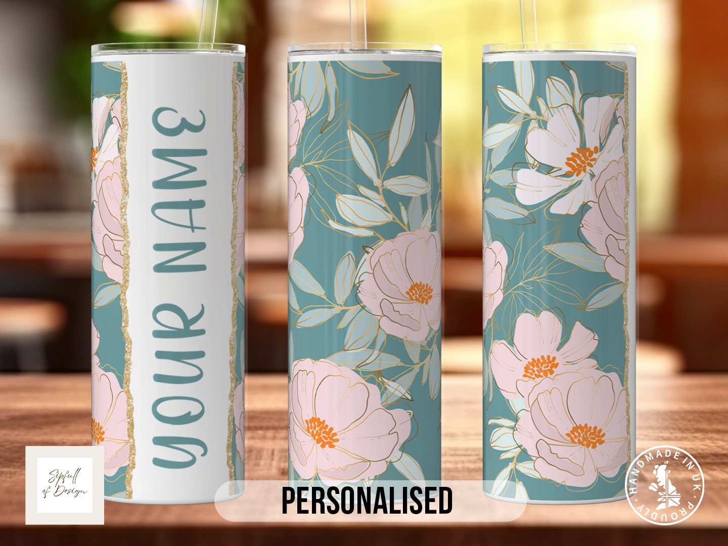 Floral Pink Turquoise Personalised Name 20oz Insulated Tumbler With lid and straw!