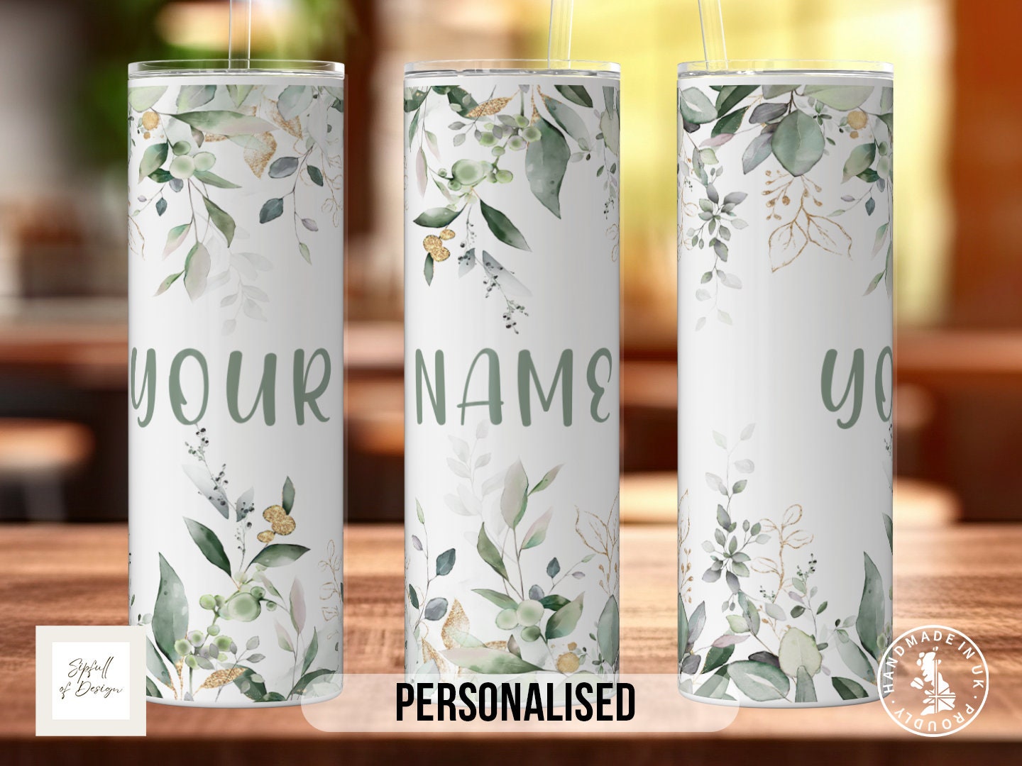 Green Leaves Personalised Name 20oz Insulated Tumbler With lid and straw!