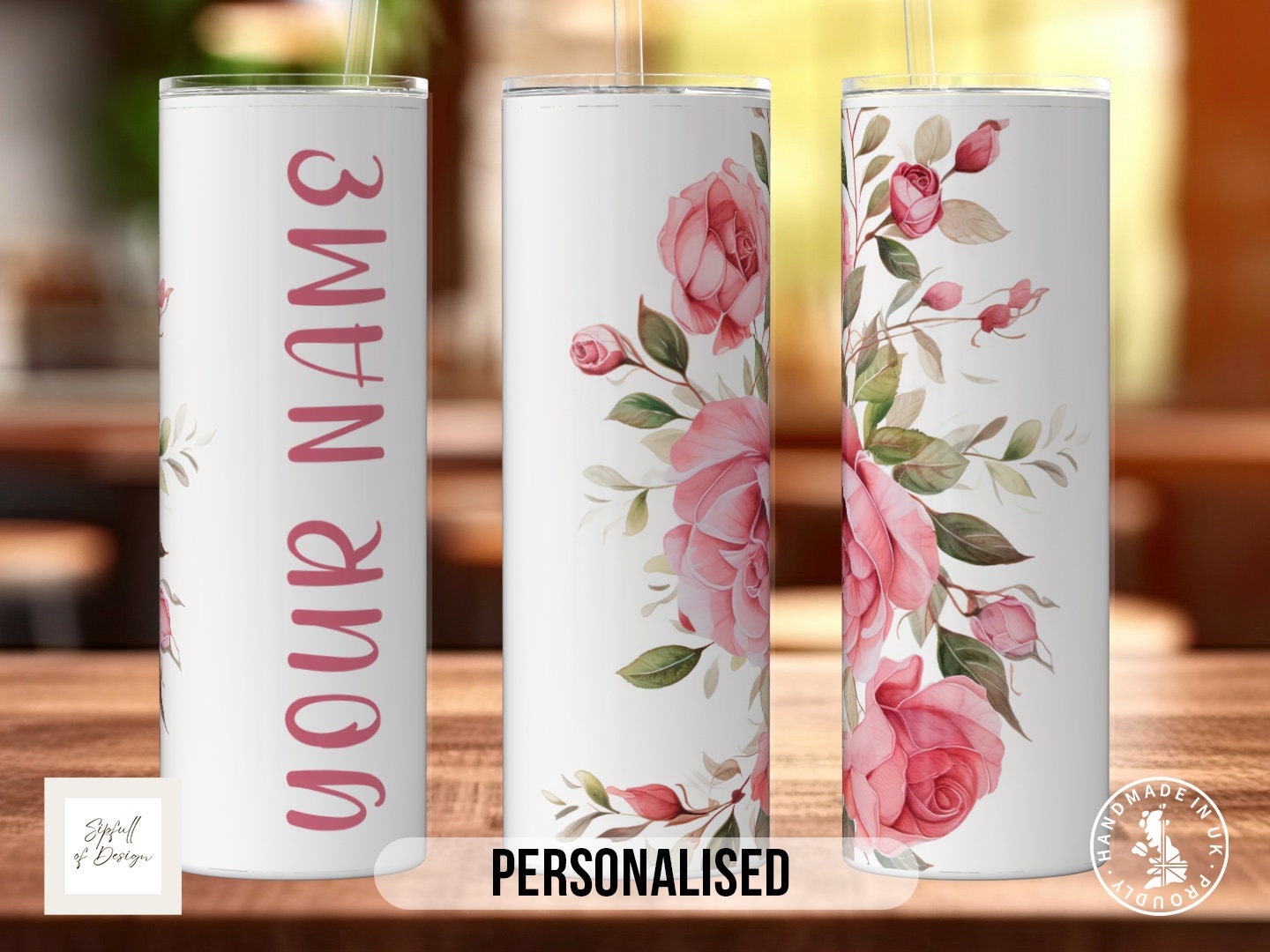 Pink Roses Personalised Name 20oz Insulated Tumbler With lid and straw!