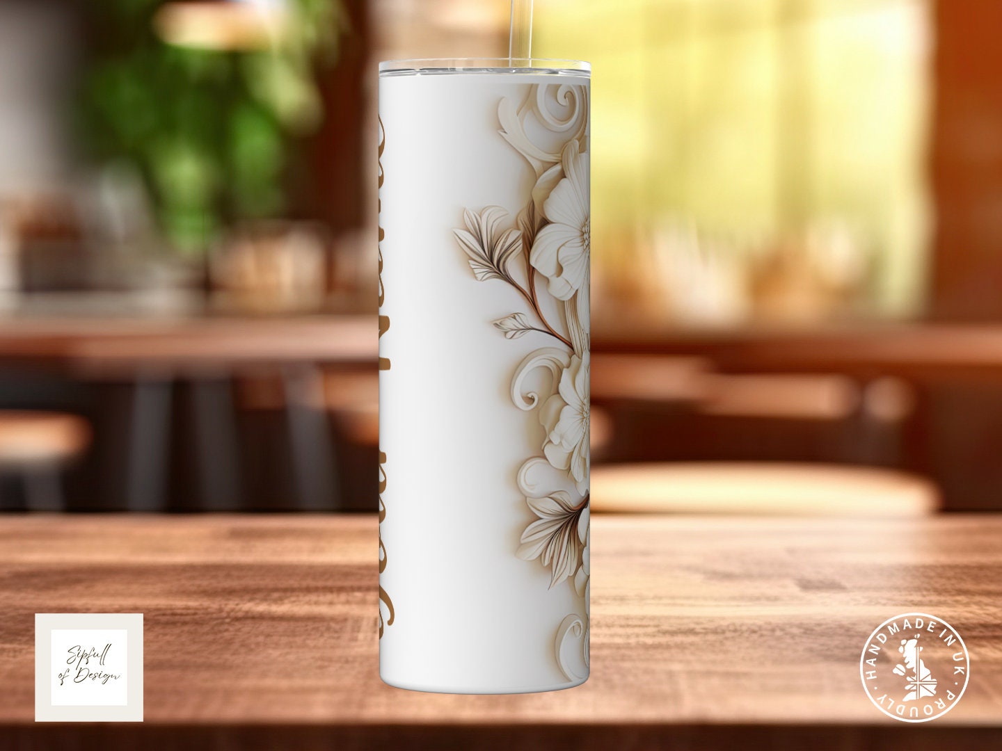 White Flowers Personalised Name 20oz Insulated Tumbler With lid and straw!