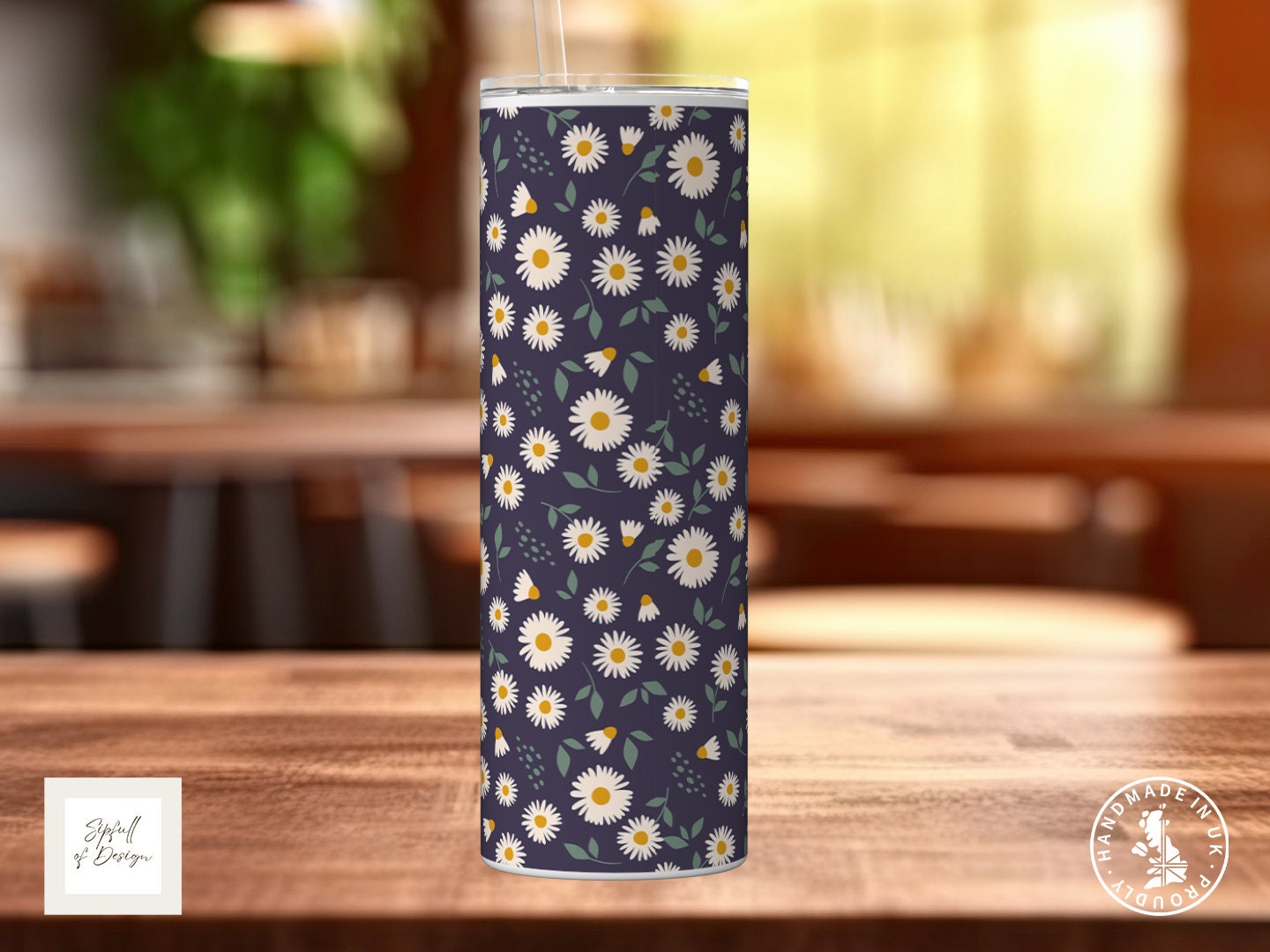 Daisies on blue Personalised Name 20oz Insulated Tumbler With lid and straw!