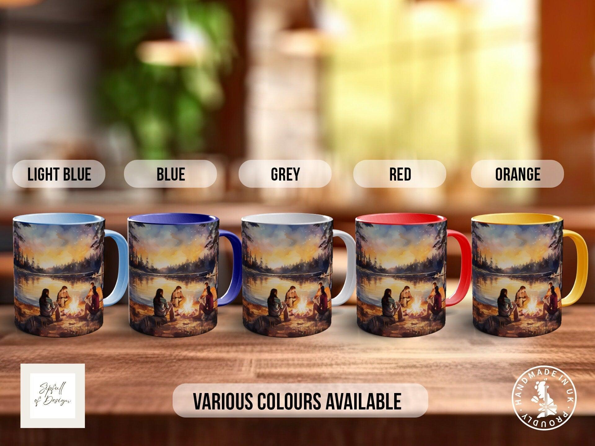 Camping Friends Around the Campfire - Coloured 11oz, Bone China 10oz and 15oz and Latte 12oz options. - Sipfull of Design