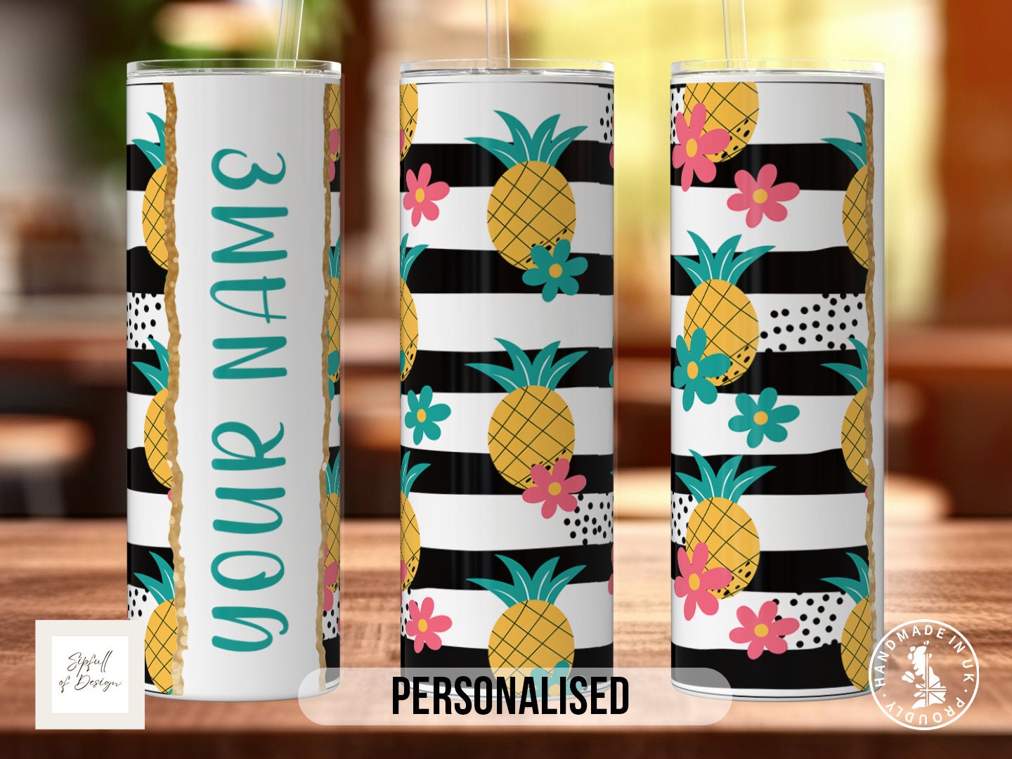 Black and white Pineapples Personalised Name 20oz Insulated Tumbler With lid and straw!