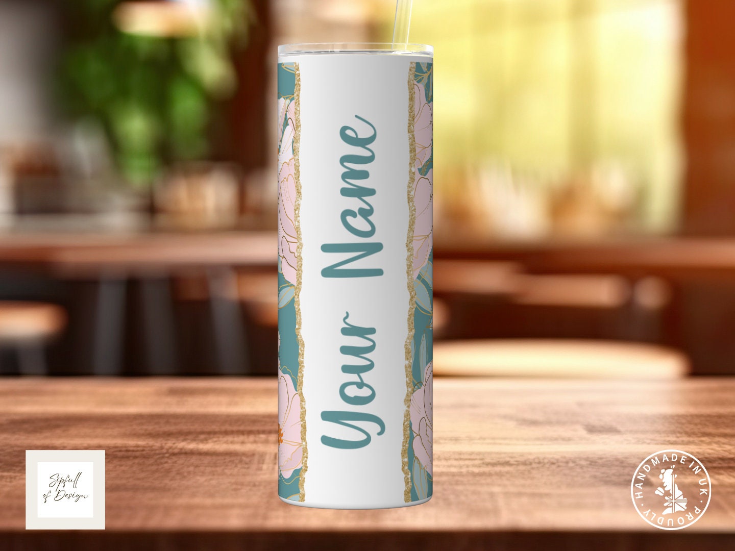 Floral Pink Turquoise Personalised Name 20oz Insulated Tumbler With lid and straw!