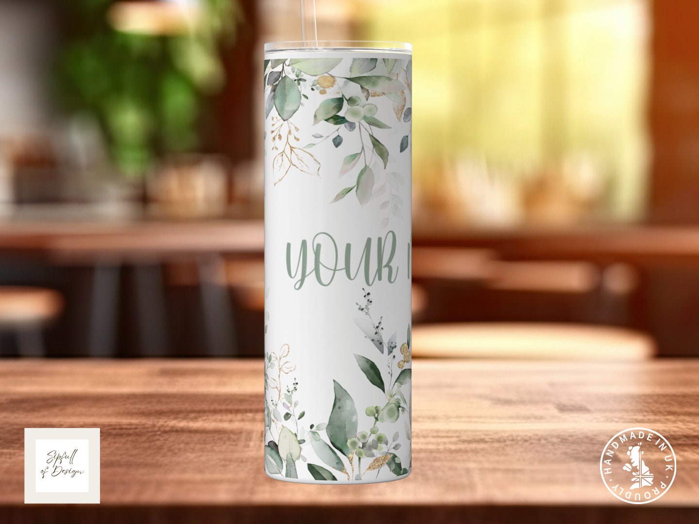 Green Leaves Personalised Name 20oz Insulated Tumbler With lid and straw!