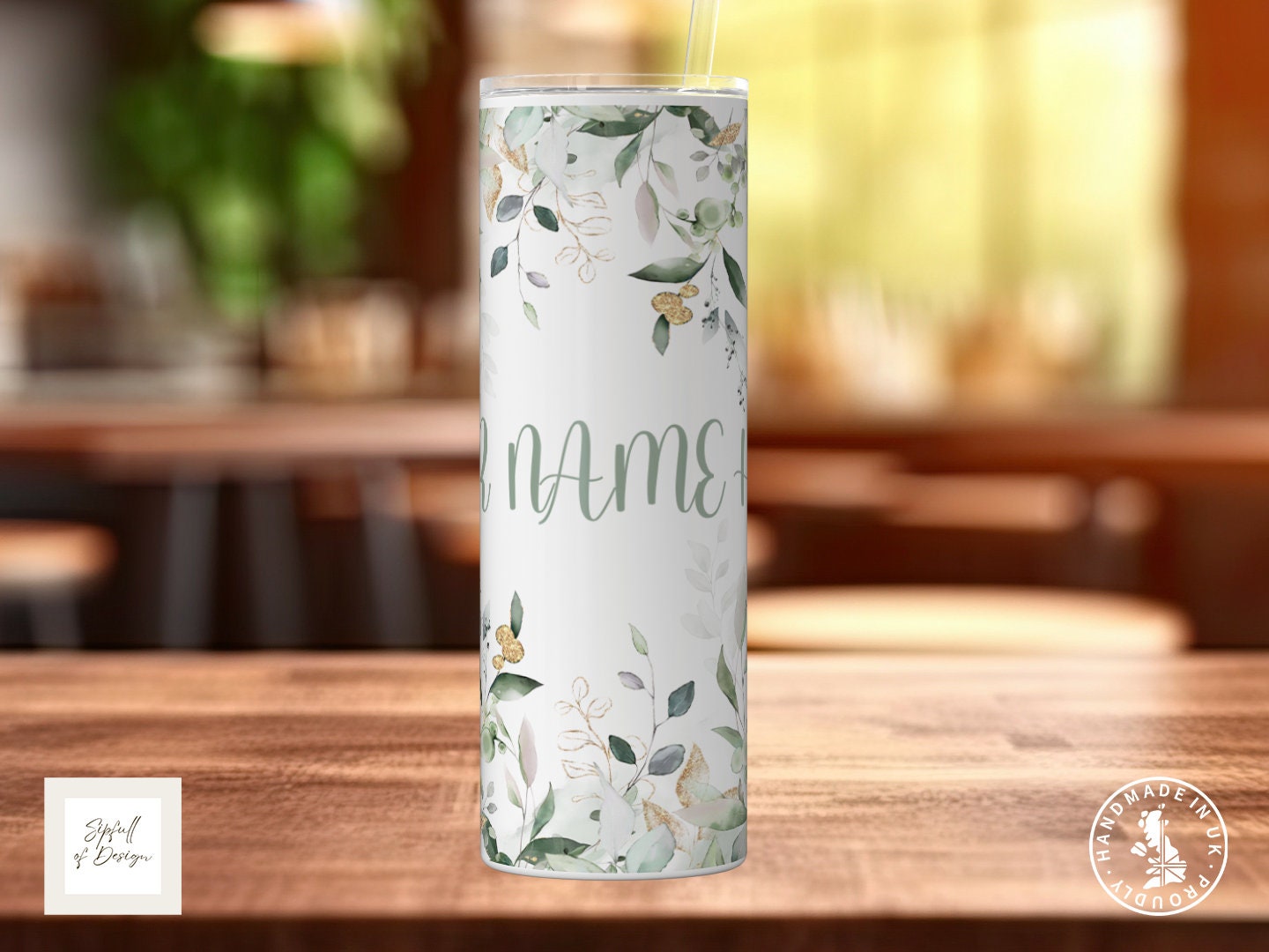 Green Leaves Personalised Name 20oz Insulated Tumbler With lid and straw!
