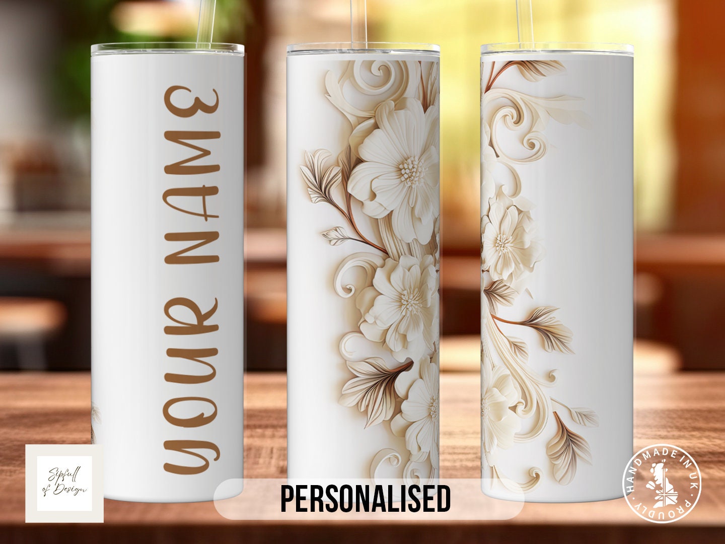 White Flowers Personalised Name 20oz Insulated Tumbler With lid and straw!