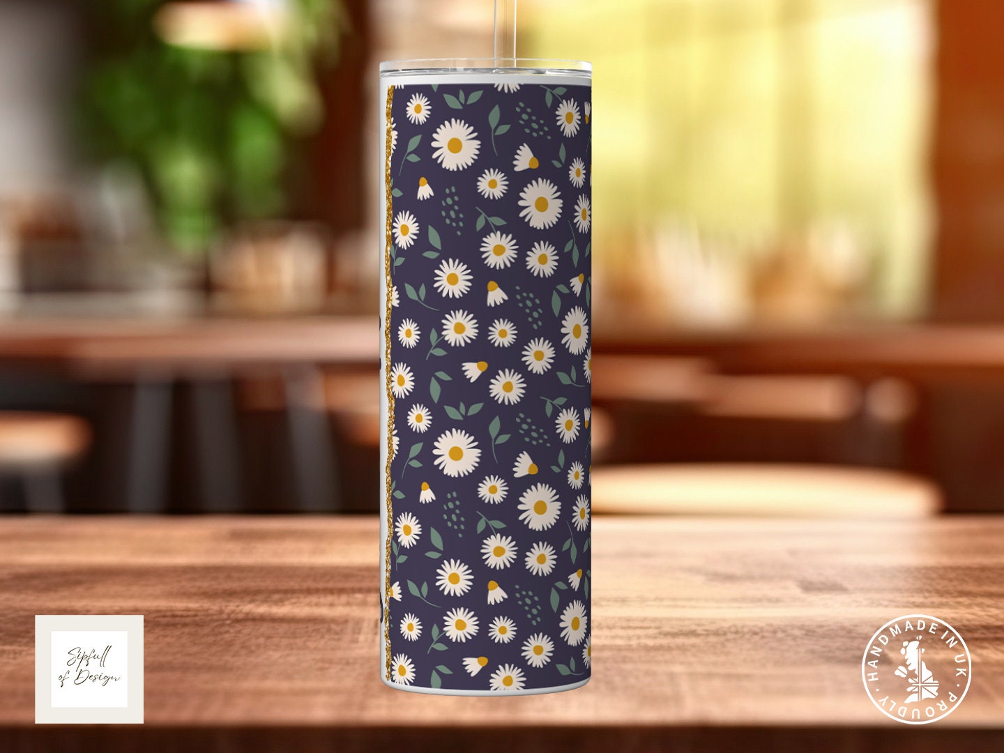 Daisies on blue Personalised Name 20oz Insulated Tumbler With lid and straw!