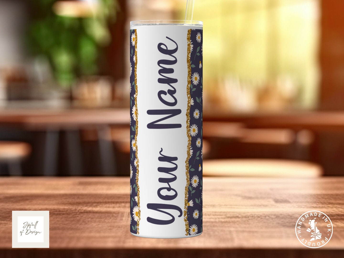 Daisies on blue Personalised Name 20oz Insulated Tumbler With lid and straw!