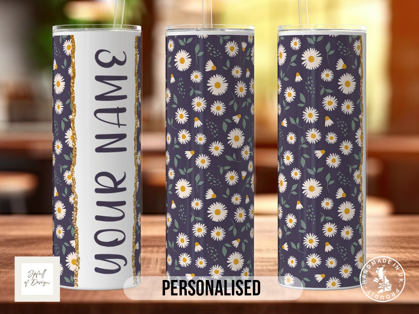 Daisies on blue Personalised Name 20oz Insulated Tumbler With lid and straw!