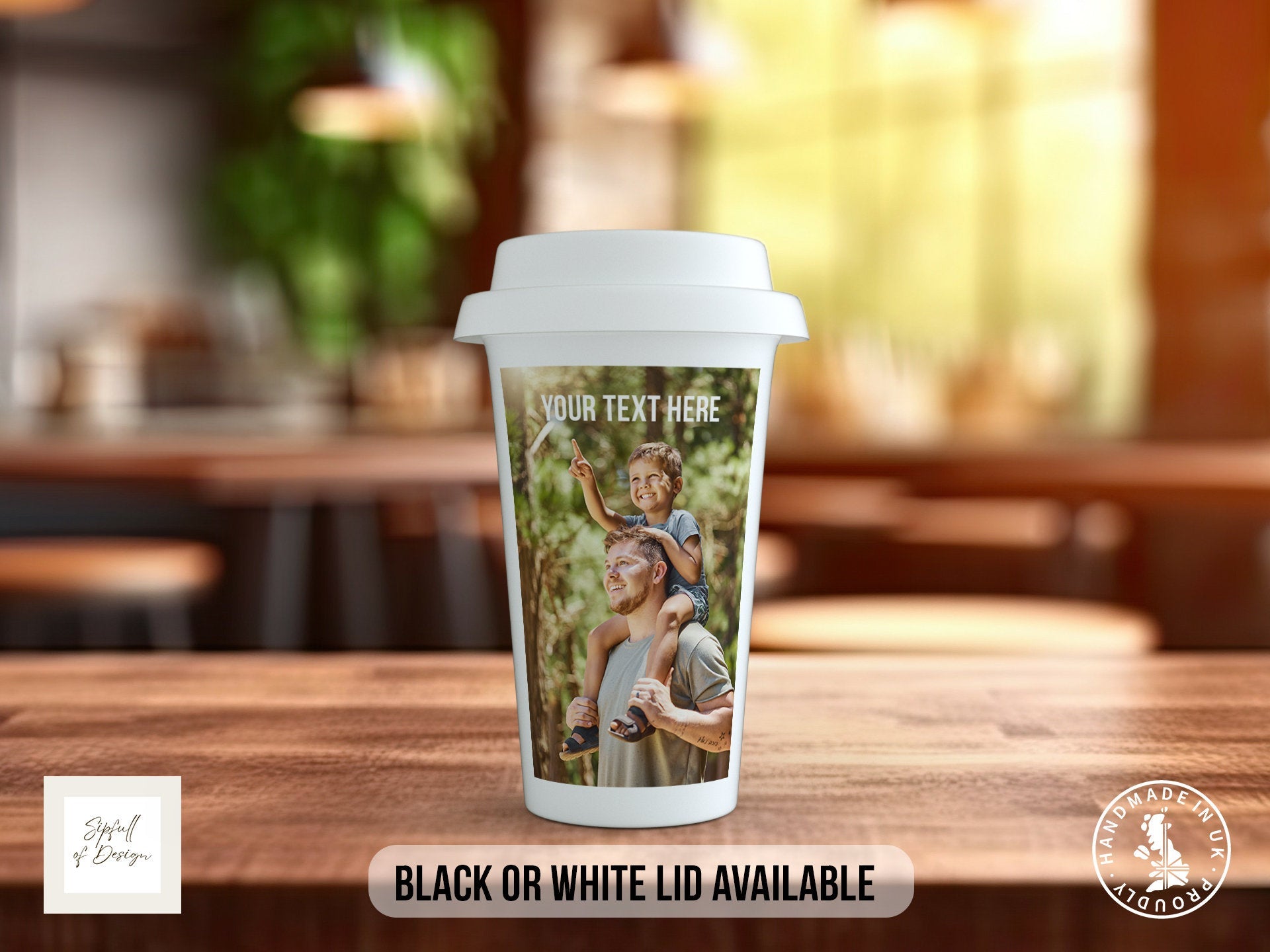 Photo and Text Personalised Travel Mug - Coloured with Your Photos - Double Insulated with Black or White Lid