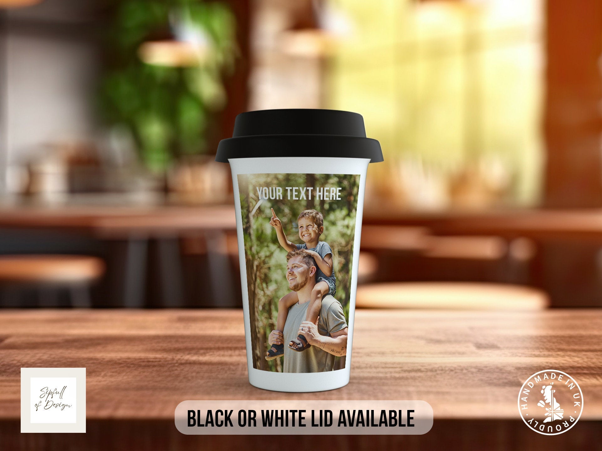 Photo and Text Personalised Travel Mug - Coloured with Your Photos - Double Insulated with Black or White Lid