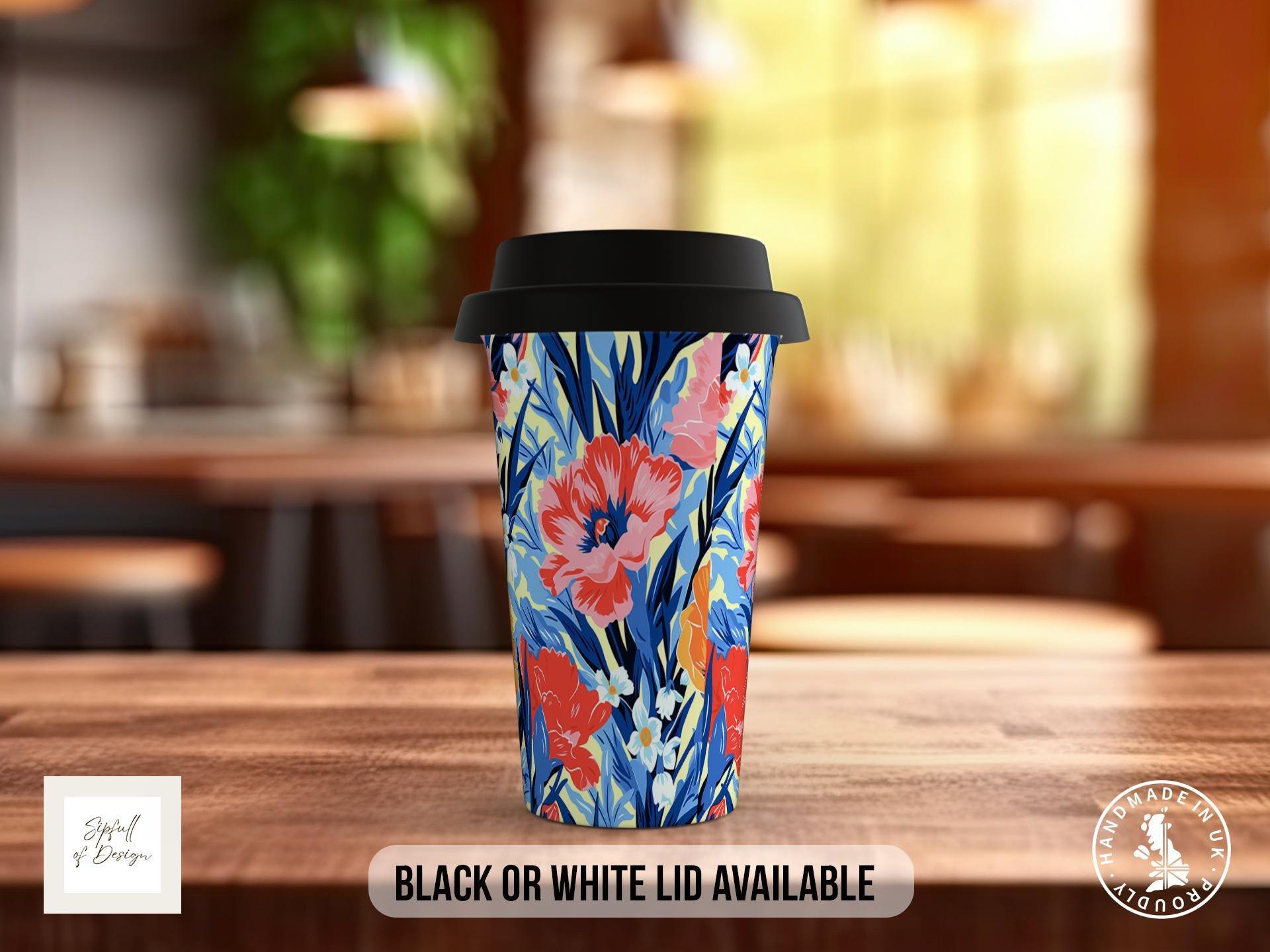 Birth Month Flowers Travel Mug - January Carnation and Snowdrop - double insulated handmade coffee mug - Black or White Lid - Sipfull of Design