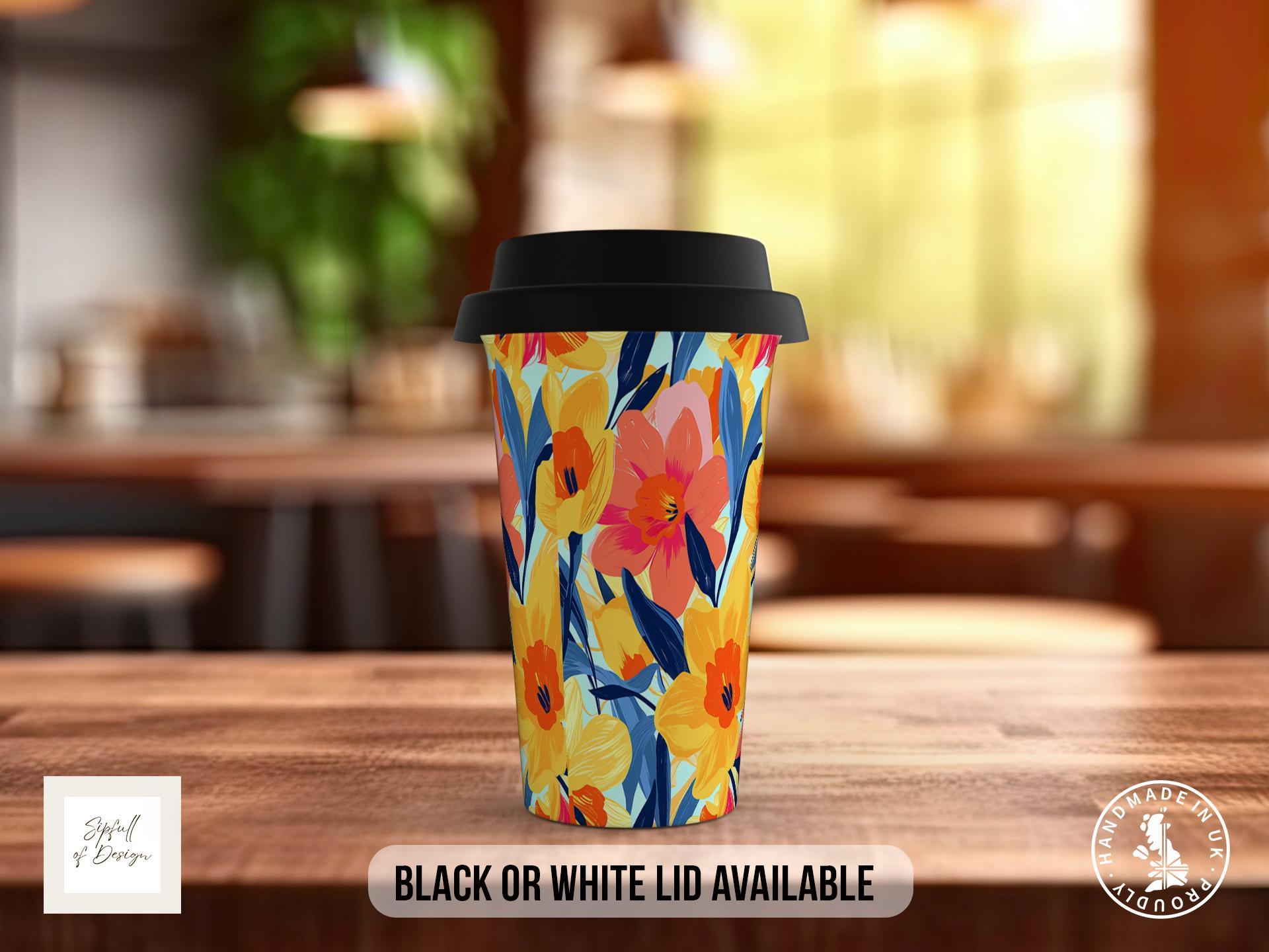 Birth Month Flowers Travel Mug - March Daffodil - double insulated handmade coffee mug - Black or White Lid - Sipfull of Design