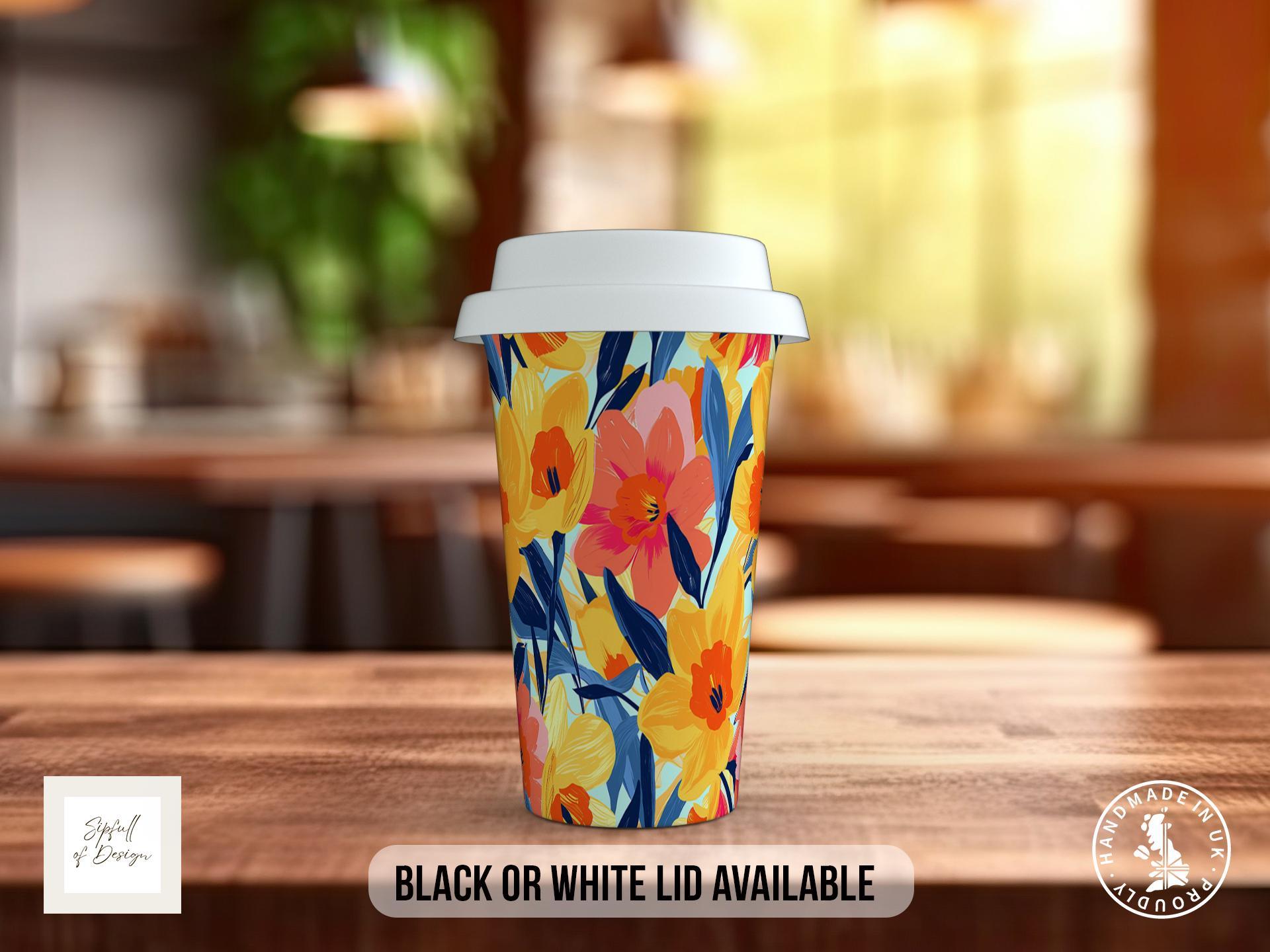 Birth Month Flowers Travel Mug - March Daffodil - double insulated handmade coffee mug - Black or White Lid - Sipfull of Design