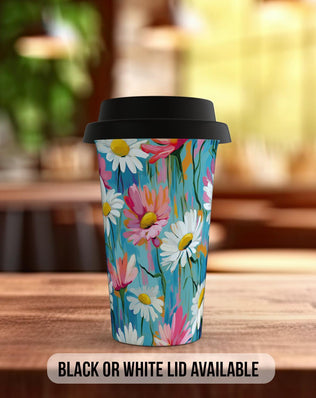 Birth Month Flowers Travel Mug - April Daisy and Sweet Pea - double insulated handmade coffee mug - Black or White Lid - Sipfull of Design