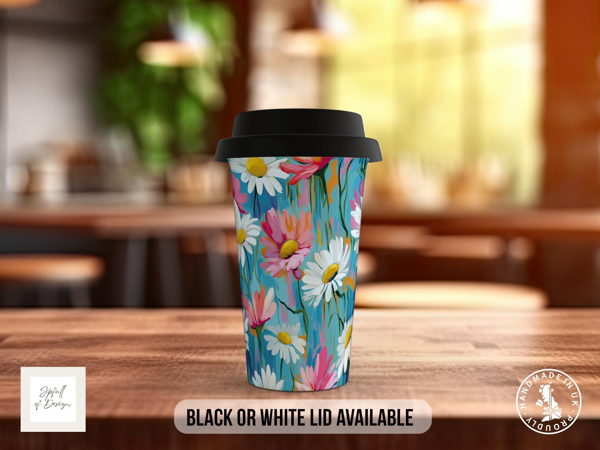 Birth Month Flowers Travel Mug - April Daisy and Sweet Pea - double insulated handmade coffee mug - Black or White Lid - Sipfull of Design