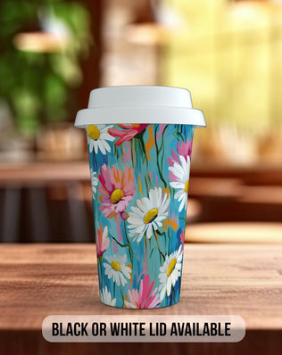 Birth Month Flowers Travel Mug - April Daisy and Sweet Pea - double insulated handmade coffee mug - Black or White Lid - Sipfull of Design