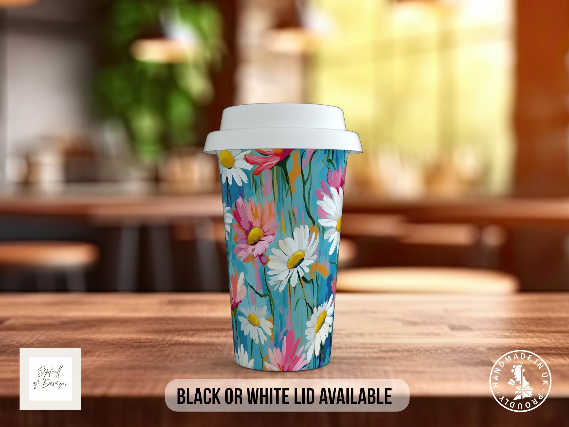 Birth Month Flowers Travel Mug - April Daisy and Sweet Pea - double insulated handmade coffee mug - Black or White Lid - Sipfull of Design