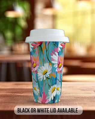Birth Month Flowers Travel Mug - April Daisy and Sweet Pea - double insulated handmade coffee mug - Black or White Lid - Sipfull of Design
