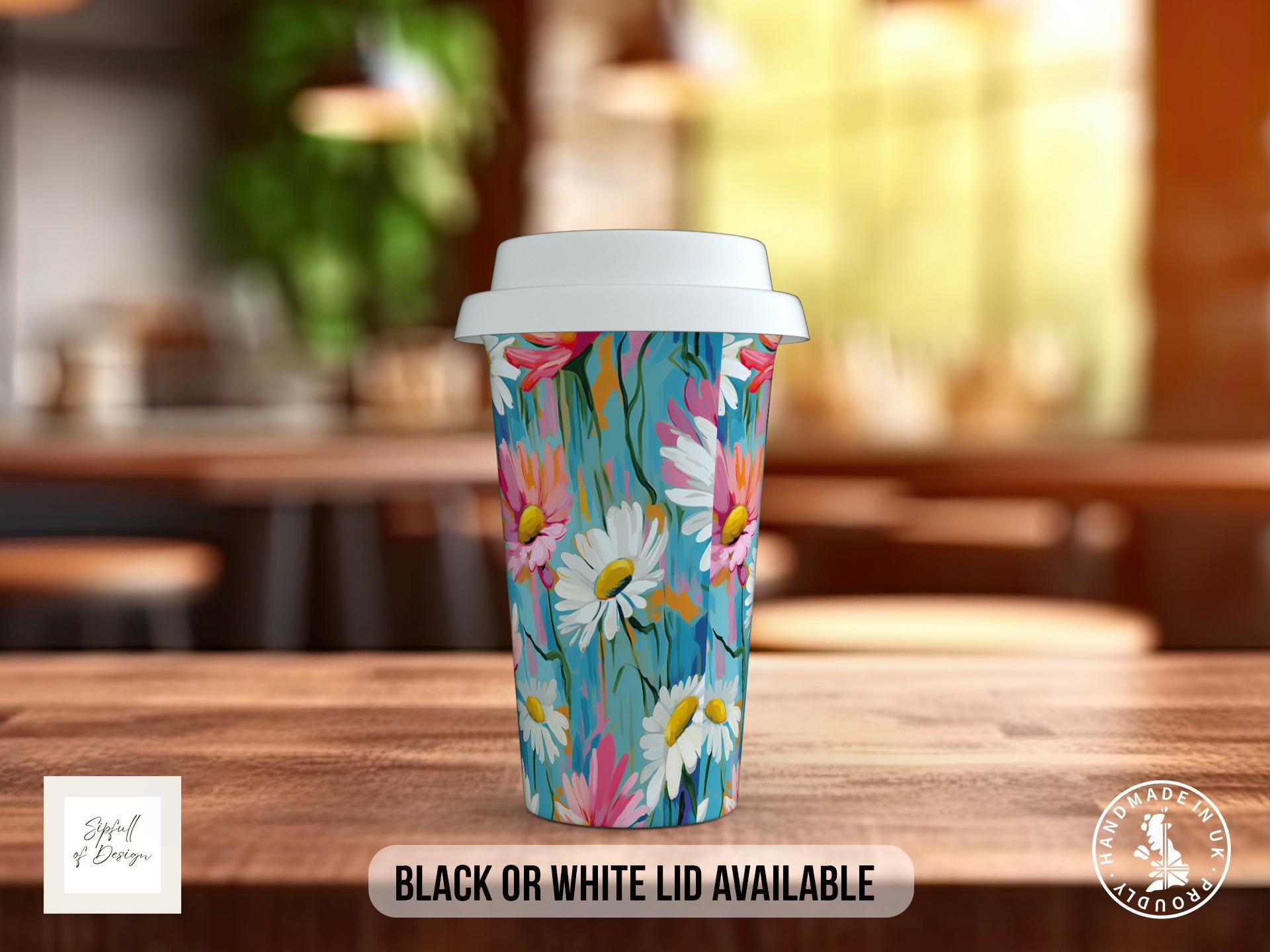 Birth Month Flowers Travel Mug - April Daisy and Sweet Pea - double insulated handmade coffee mug - Black or White Lid - Sipfull of Design