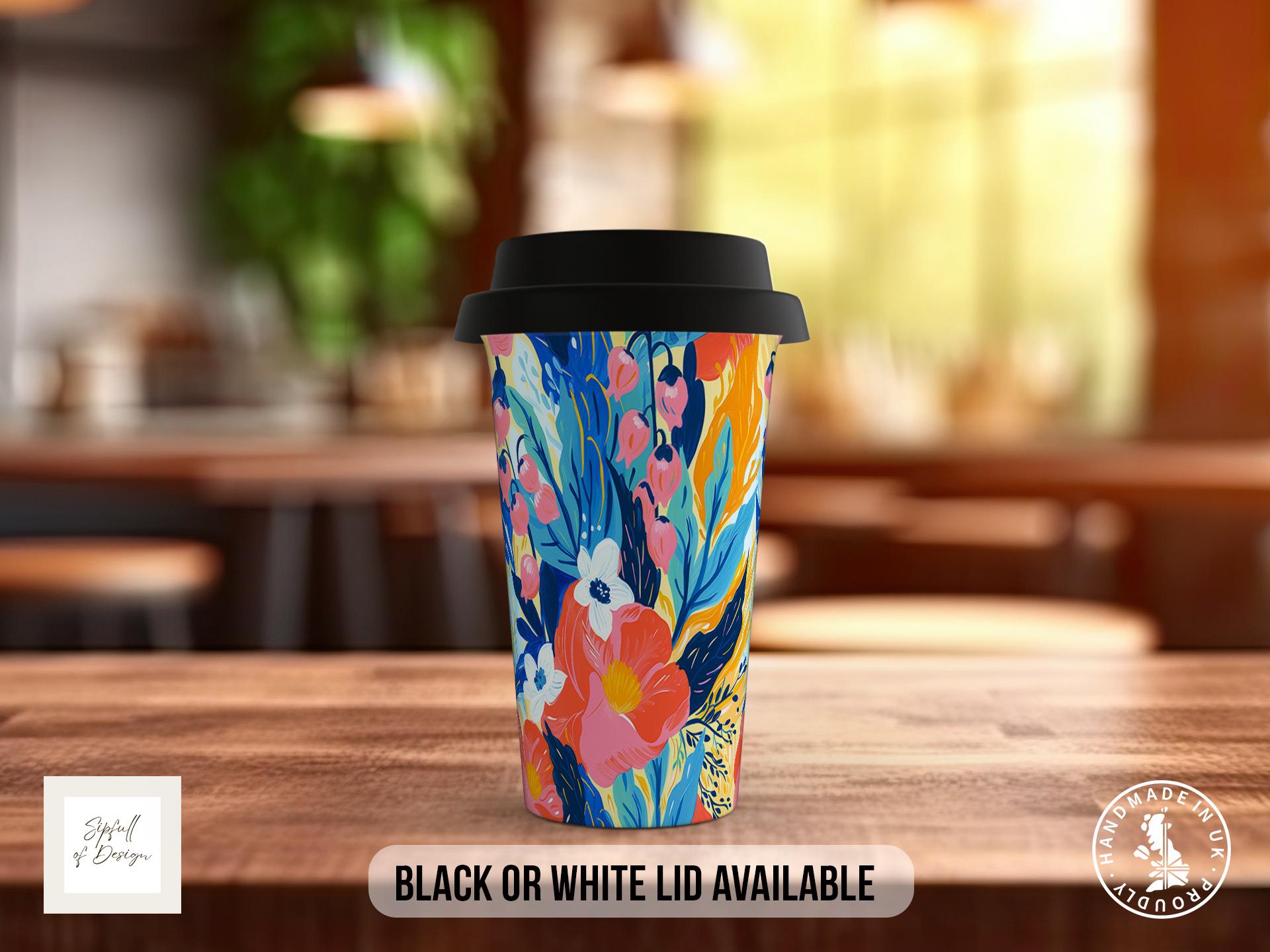 Birth Month Flowers Travel Mug - May Lily of the Valley and Hawthorn - double insulated handmade coffee mug - Black or White Lid