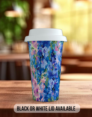 Birth Month Flowers Travel Mug - July Larkspur and Water Lily - double insulated handmade coffee mug - Black or White Lid - Sipfull of Design