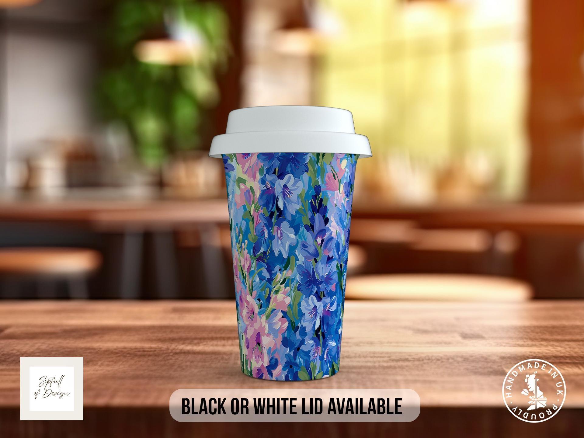 Birth Month Flowers Travel Mug - July Larkspur and Water Lily - double insulated handmade coffee mug - Black or White Lid - Sipfull of Design