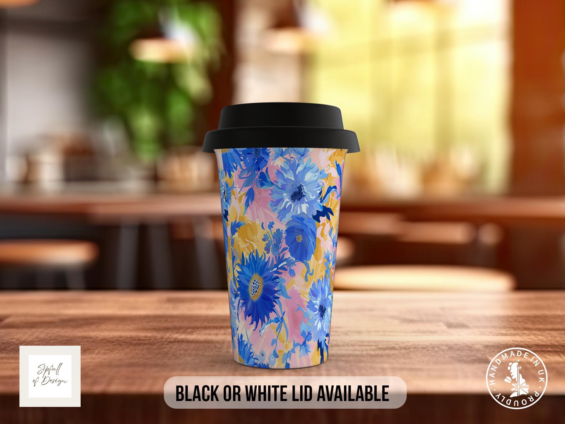 Birth Month Flowers Travel Mug - September Aster and Morning Glory - double insulated handmade coffee mug - Black or White Lid - Sipfull of Design