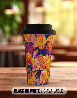 Birth Month Flowers Travel Mug - October Marigold and Cosmos - double insulated handmade coffee mug - Black or White Lid - Sipfull of Design