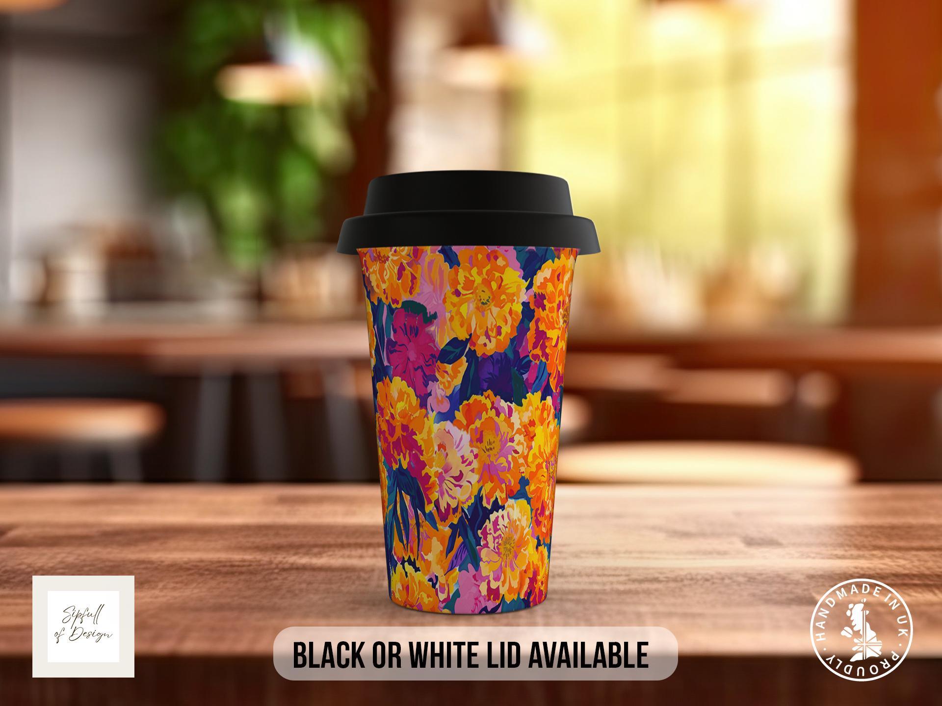 Birth Month Flowers Travel Mug - October Marigold and Cosmos - double insulated handmade coffee mug - Black or White Lid - Sipfull of Design