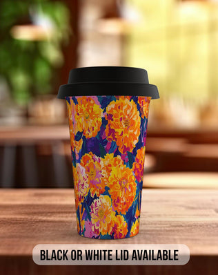 Birth Month Flowers Travel Mug - October Marigold and Cosmos - double insulated handmade coffee mug - Black or White Lid - Sipfull of Design