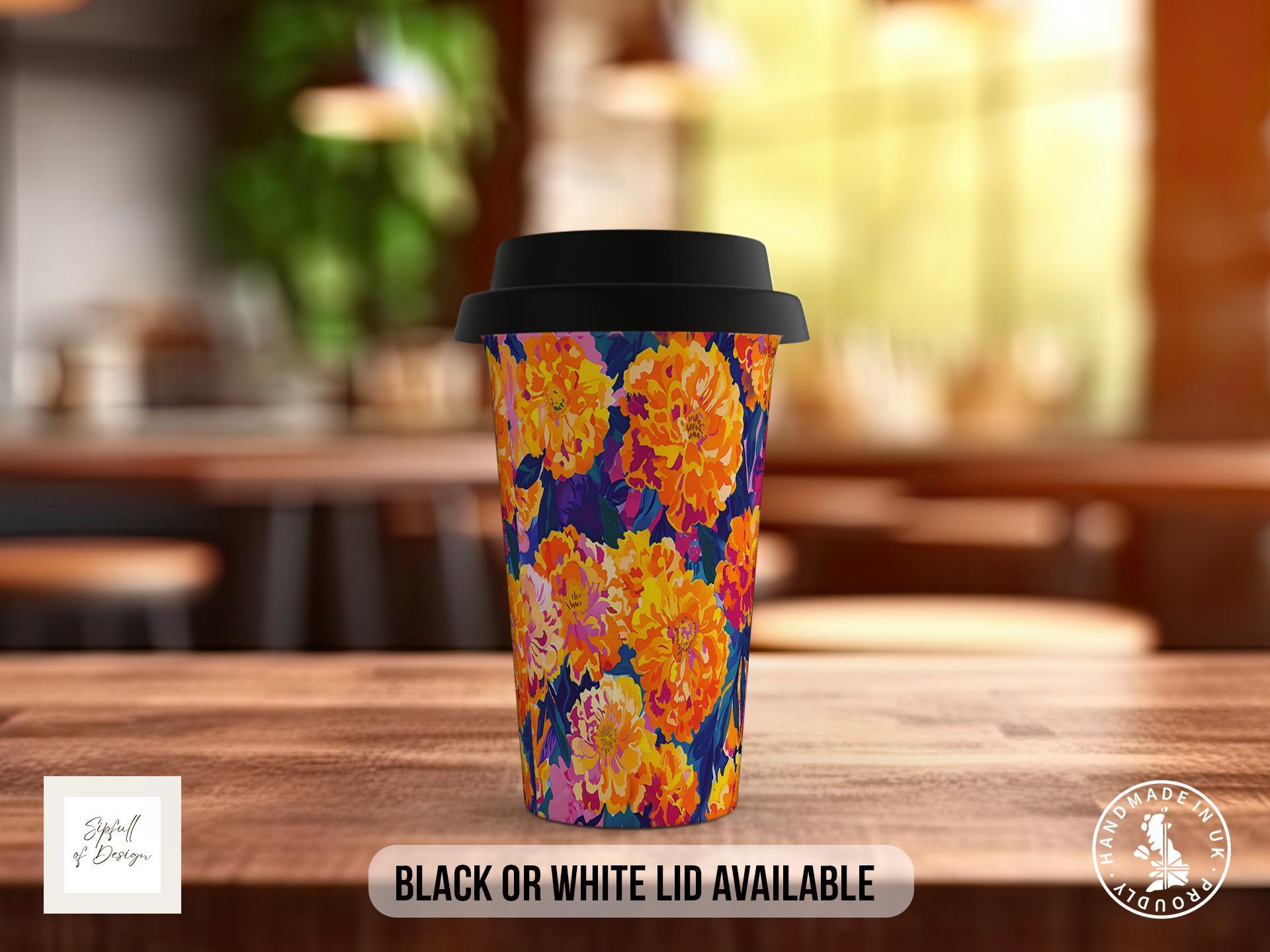 Birth Month Flowers Travel Mug - October Marigold and Cosmos - double insulated handmade coffee mug - Black or White Lid - Sipfull of Design