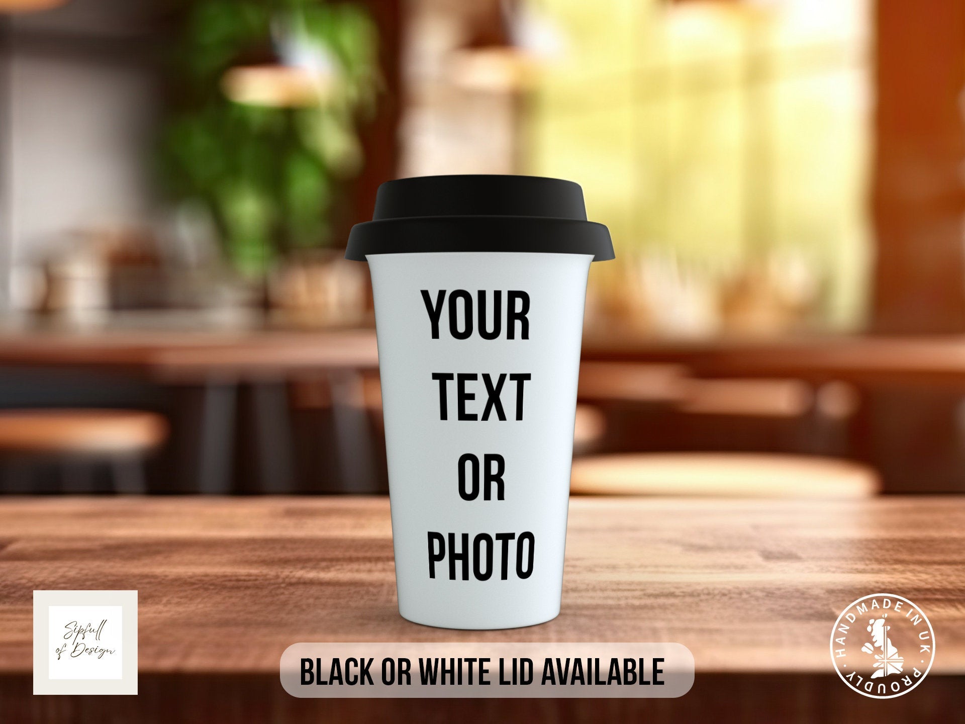 Photo and Text Personalised Travel Mug - Coloured with Your Photos - Double Insulated with Black or White Lid