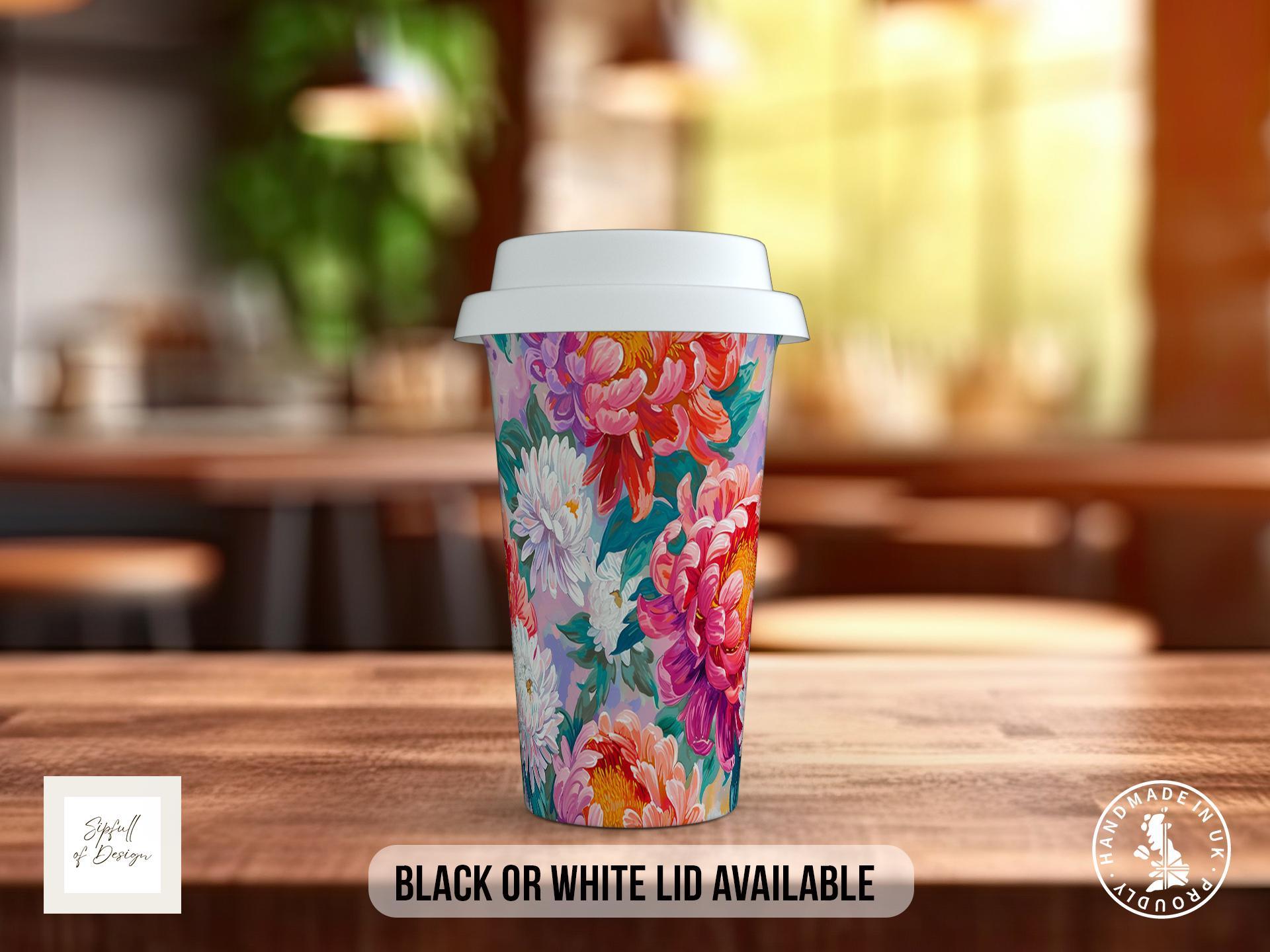 Birth Month Flowers Travel Mug - November Chrysanthemum - double insulated handmade coffee mug - Black or White Lid - Sipfull of Design