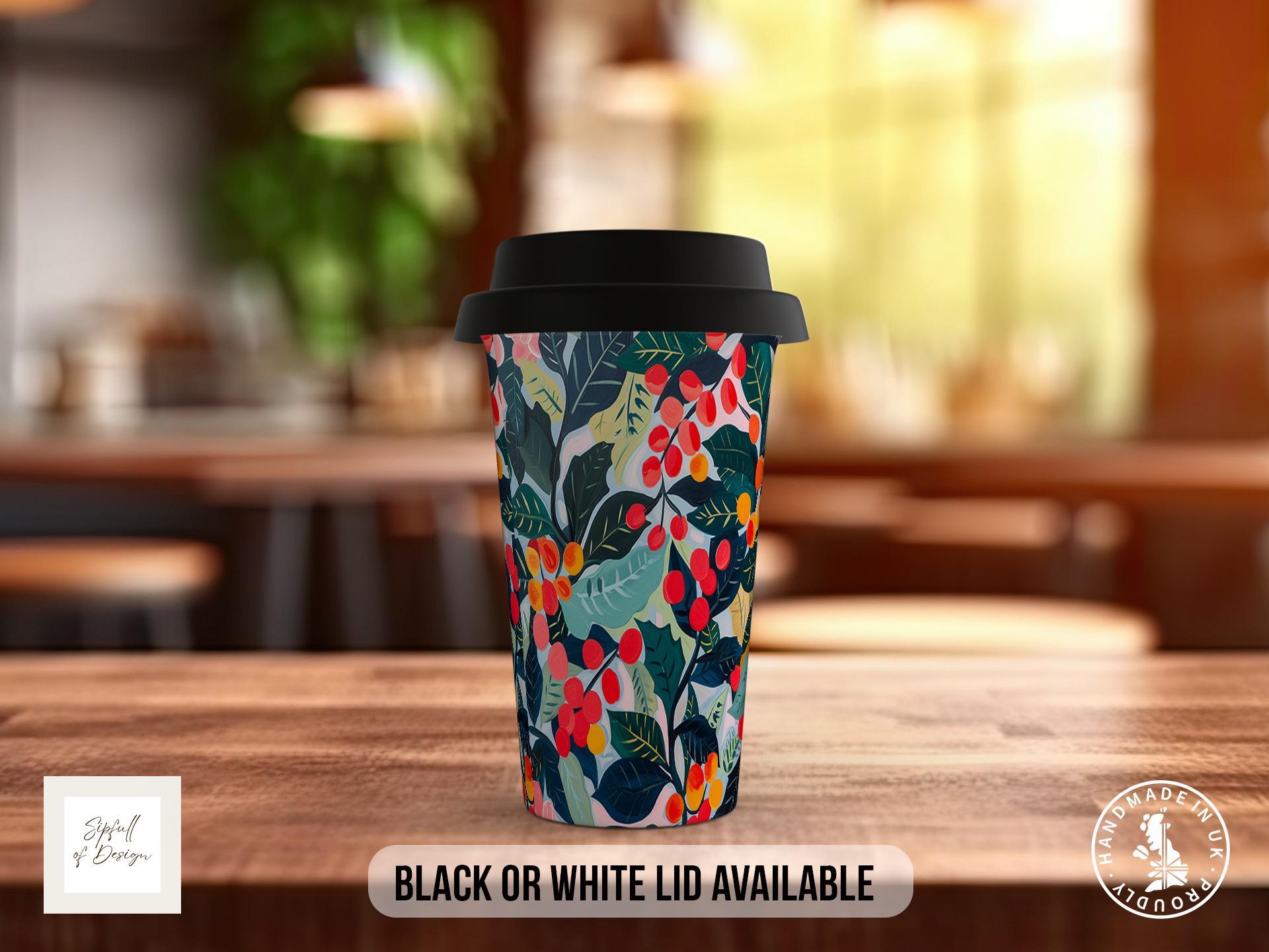 Birth Month Flowers Travel Mug - December Narcissus and Holly - double insulated handmade coffee mug - Black or White Lid - Sipfull of Design