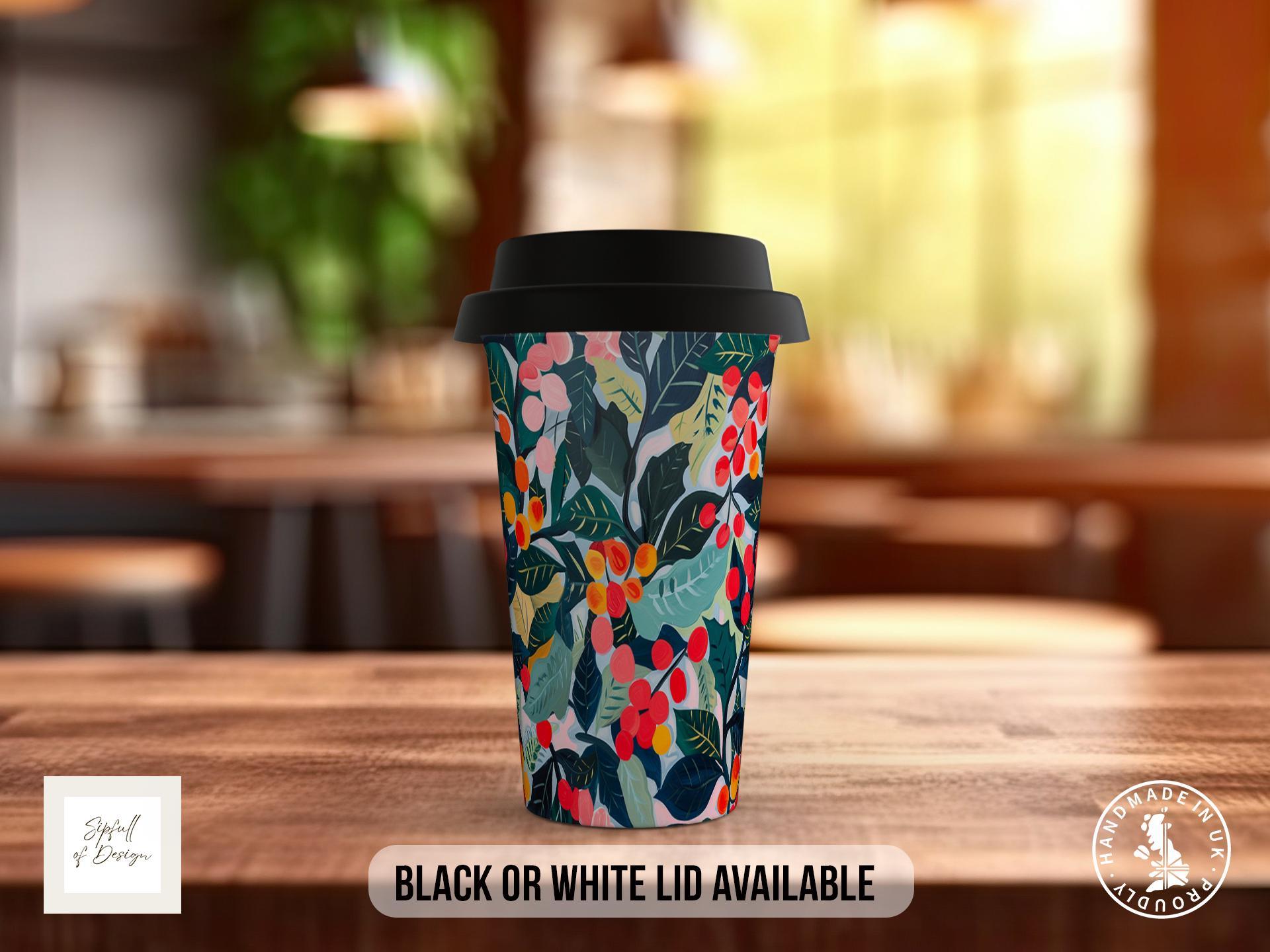 Birth Month Flowers Travel Mug - December Narcissus and Holly - double insulated handmade coffee mug - Black or White Lid - Sipfull of Design