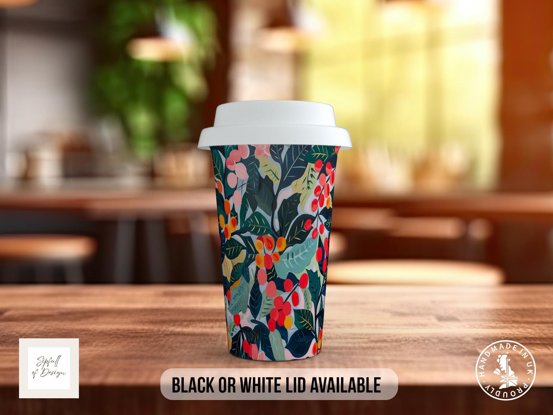 Birth Month Flowers Travel Mug - December Narcissus and Holly - double insulated handmade coffee mug - Black or White Lid - Sipfull of Design