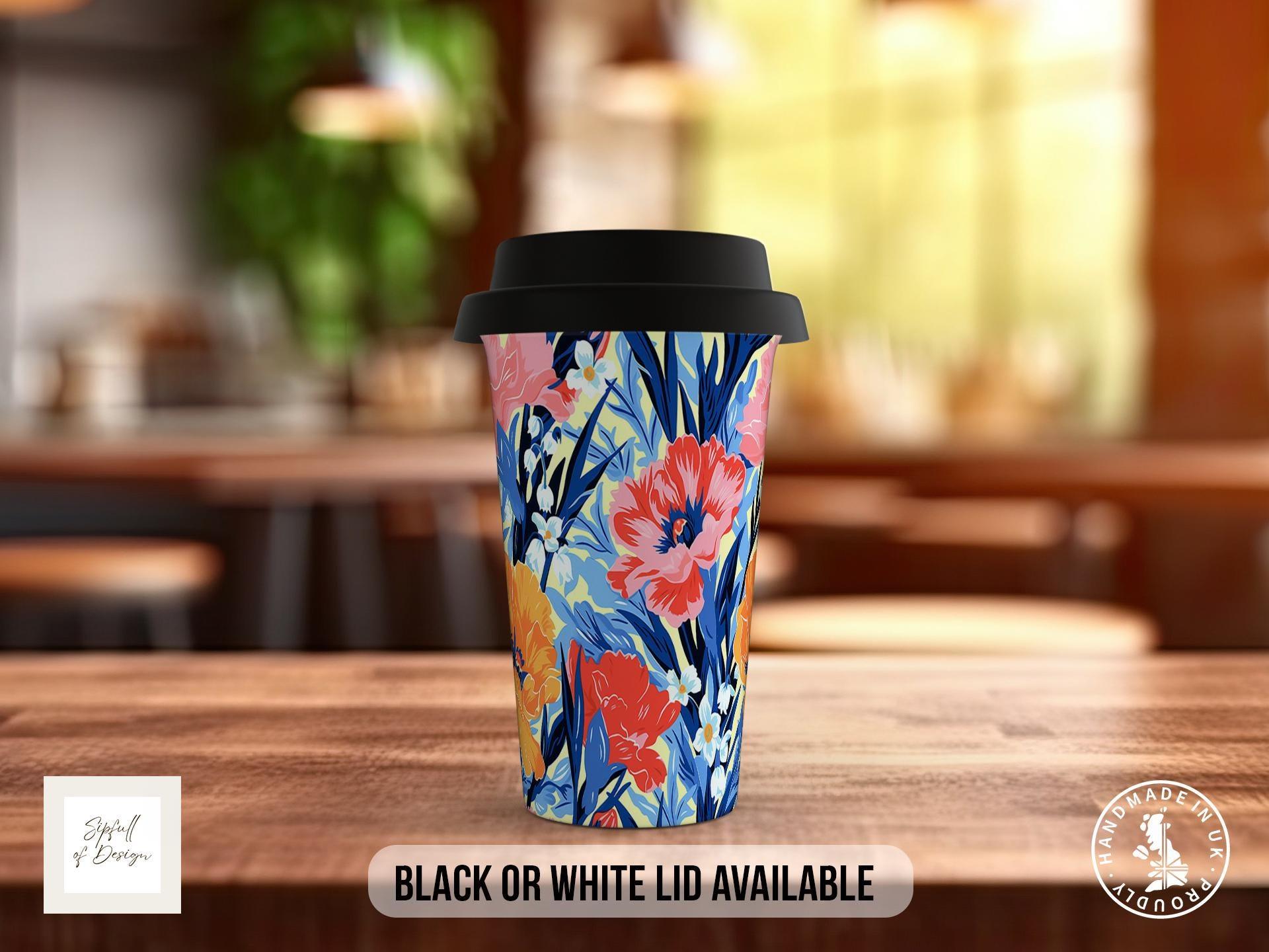 Birth Month Flowers Travel Mug - January Carnation and Snowdrop - double insulated handmade coffee mug - Black or White Lid - Sipfull of Design