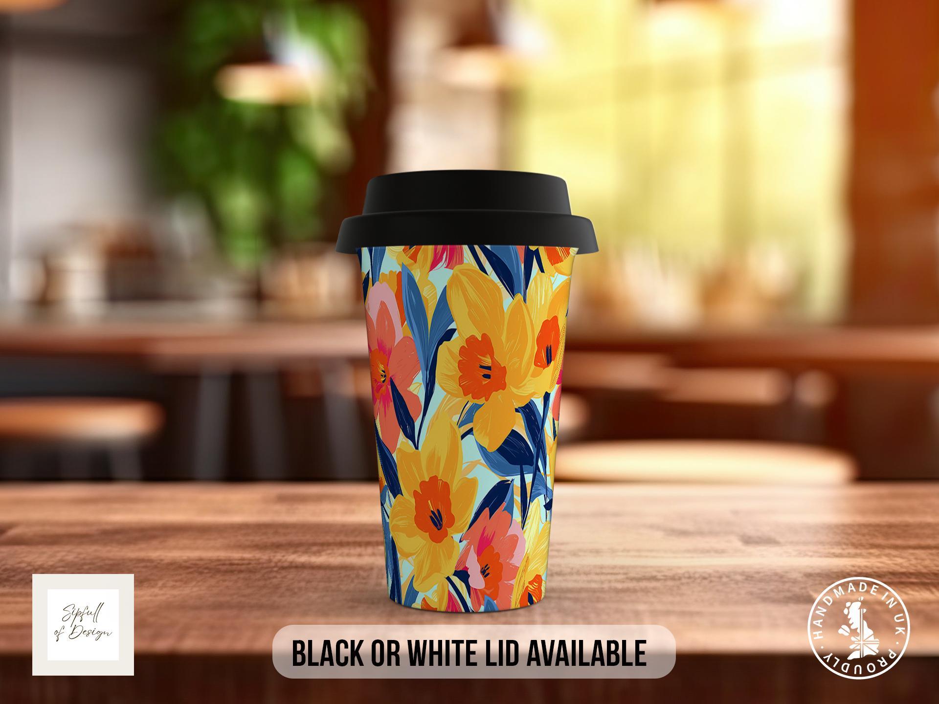 Birth Month Flowers Travel Mug - March Daffodil - double insulated handmade coffee mug - Black or White Lid - Sipfull of Design