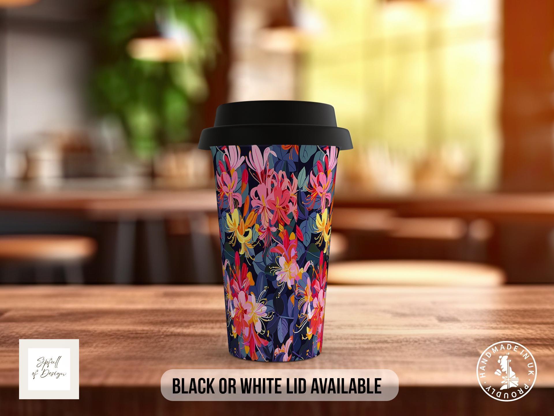 Birth Month Flowers Travel Mug - June Rose and Honeysuckle - double insulated handmade coffee mug - Black or White Lid - Sipfull of Design