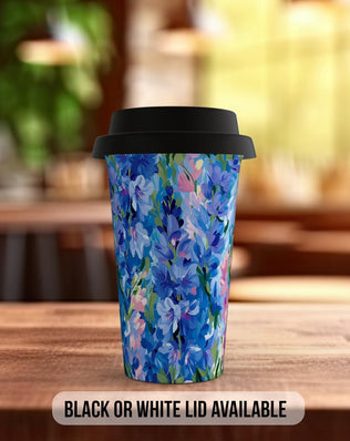 Birth Month Flowers Travel Mug - July Larkspur and Water Lily - double insulated handmade coffee mug - Black or White Lid - Sipfull of Design