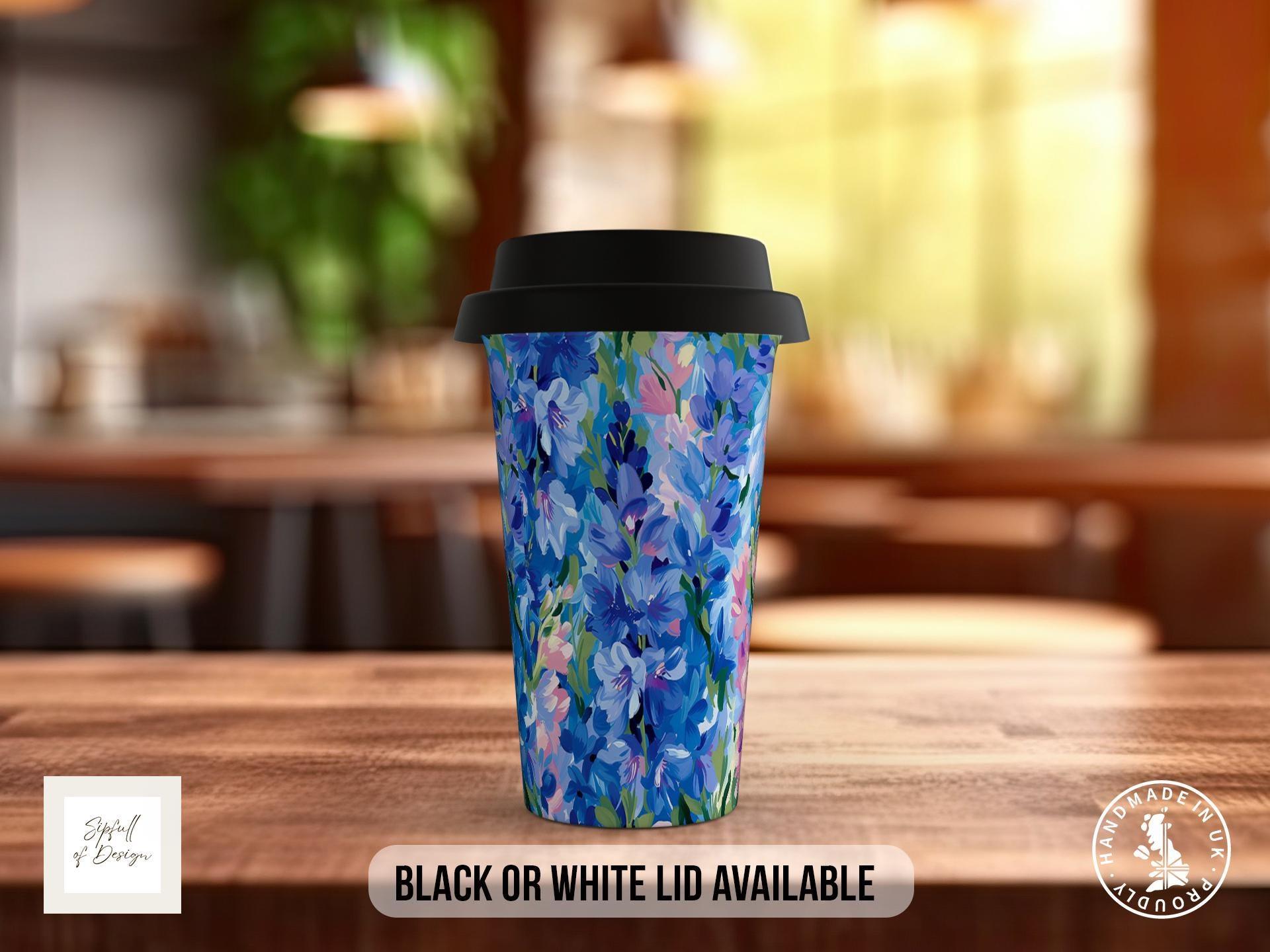 Birth Month Flowers Travel Mug - July Larkspur and Water Lily - double insulated handmade coffee mug - Black or White Lid - Sipfull of Design