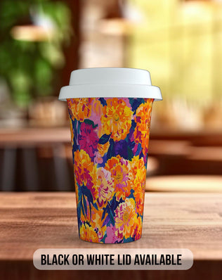 Birth Month Flowers Travel Mug - October Marigold and Cosmos - double insulated handmade coffee mug - Black or White Lid - Sipfull of Design
