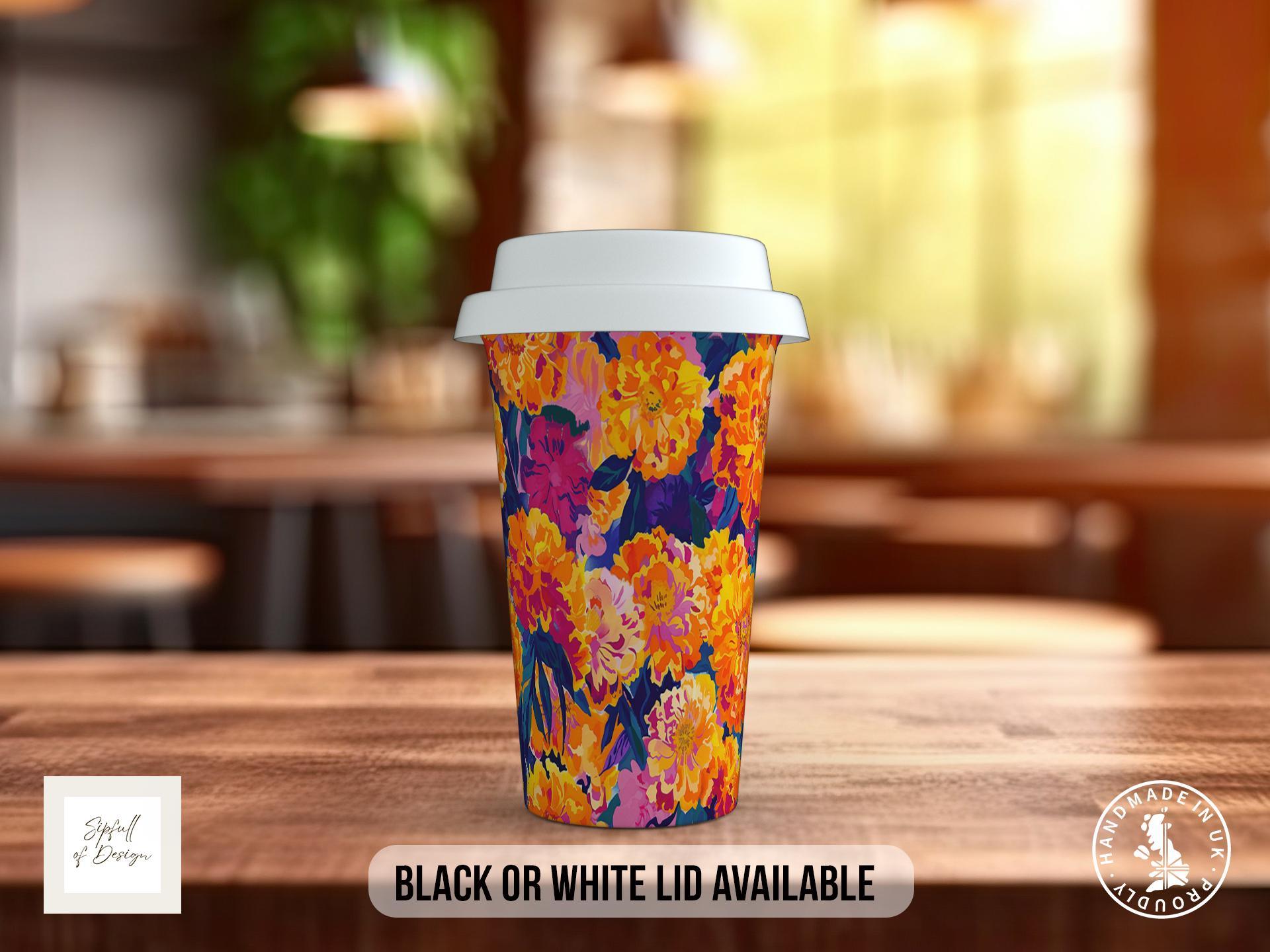 Birth Month Flowers Travel Mug - October Marigold and Cosmos - double insulated handmade coffee mug - Black or White Lid - Sipfull of Design