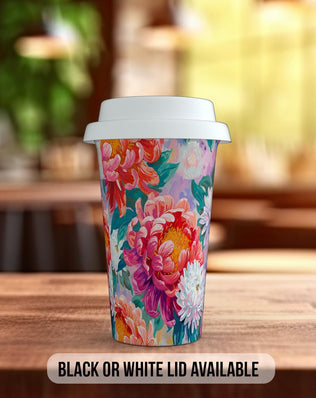 Birth Month Flowers Travel Mug - November Chrysanthemum - double insulated handmade coffee mug - Black or White Lid - Sipfull of Design